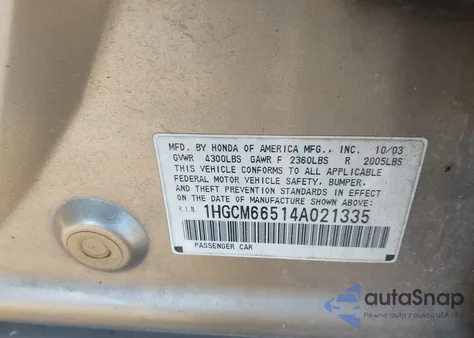 2004 Honda Accord 3.0 Ex z USA, uszkodzony, nr VIN 1HGCM66514A021335